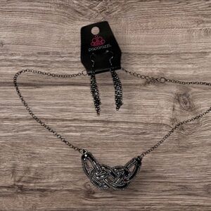 Black & Dark Silver Intricate Braided Statement Pendant Necklace Set W Earrings